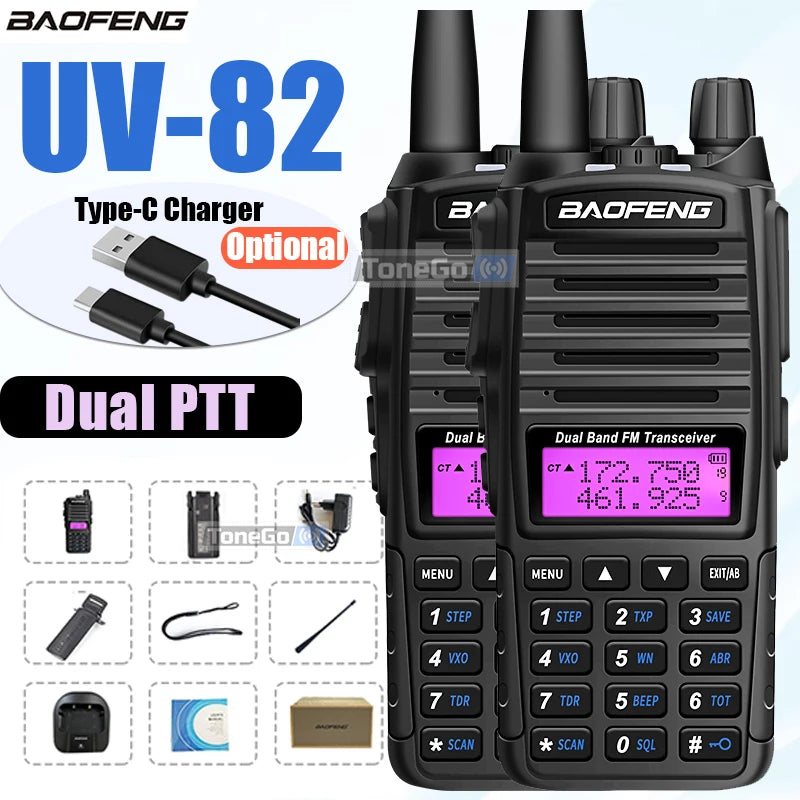 1/2Pcs Baofeng UV-82 Walkie Talkie 5/8W Tri-Power FM Radio Type-C Charger Dual PTT Dual Band VHF/UHF Two Way Camouflage For Hunt