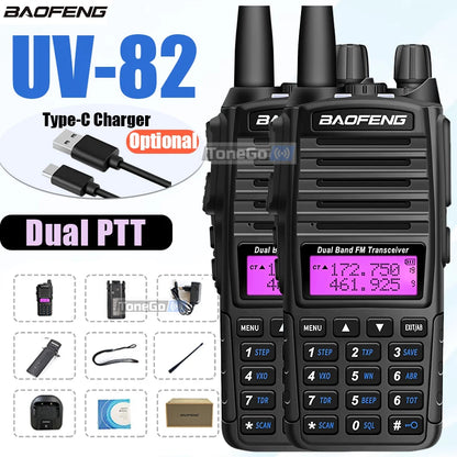 1/2Pcs Baofeng UV-82 Walkie Talkie 5/8W Tri-Power FM Radio Type-C Charger Dual PTT Dual Band VHF/UHF Two Way Camouflage For Hunt