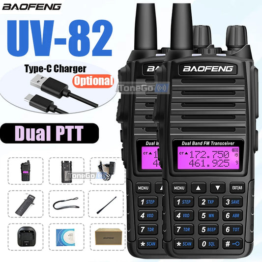 1/2Pcs Baofeng UV-82 Walkie Talkie 5/8W Tri-Power FM Radio Type-C Charger Dual PTT Dual Band VHF/UHF Two Way Camouflage For Hunt