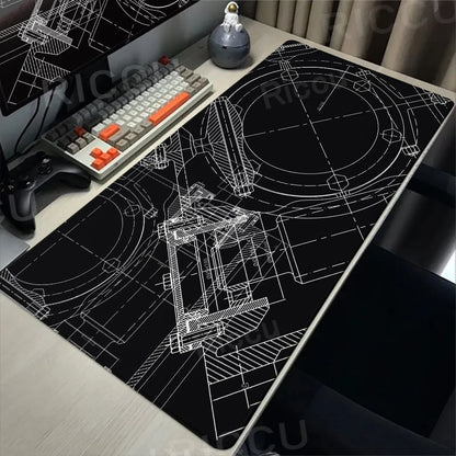 Engineer Mechanical Drawing Mousepad Black Large Mouse Pad HD XXL Minimalism Mousemat Rubber Carpet Desk Mat PC Gaming Accessory
