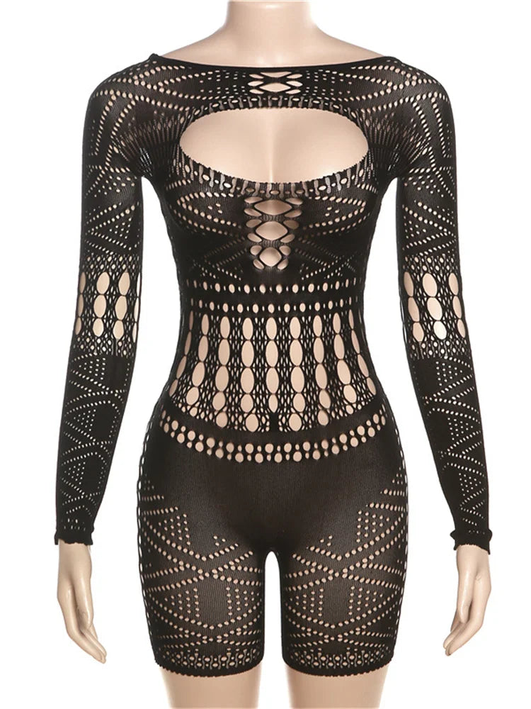 Streetwear Women 2023 One-pieces Outfits Rompers Jumpsuits Summer Long Sleeve Hollow Out Bodycon Mesh Black Romper Playsuits