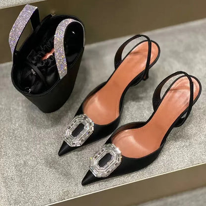 Sexy Luxury Designer High Heels Silk Rhinestone  New Sandals Women Pointy Fine Heel Fashion Glitter Wedding Party Dress Shoes