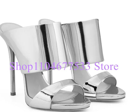 Fashion Stiletto Heel Lady Slipper Sandals Luxury Champagne Gold High Heels Sandals Shoes Woman Large Size Casual Sandals