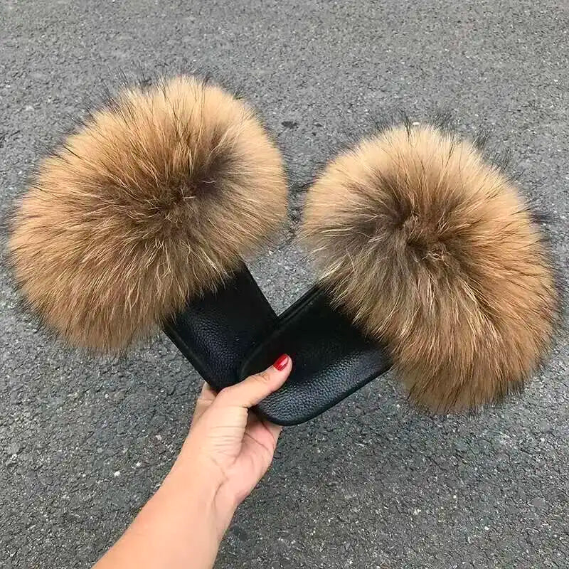Real Raccoon Fur Slippers For Women 2026 Summer Fluffy Indoor House Fuzzy Flat Slides Outdoor Fashion Beach Sandals Flip Flops