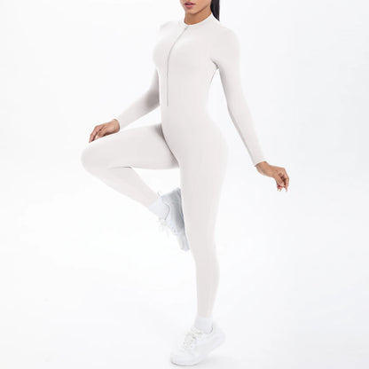 Solid Color Bodysuits for Woman's Backless Long Sleeved Zipper Yoga Jumpsuits High Dtrength Workout Sports Fitness Clothing Set