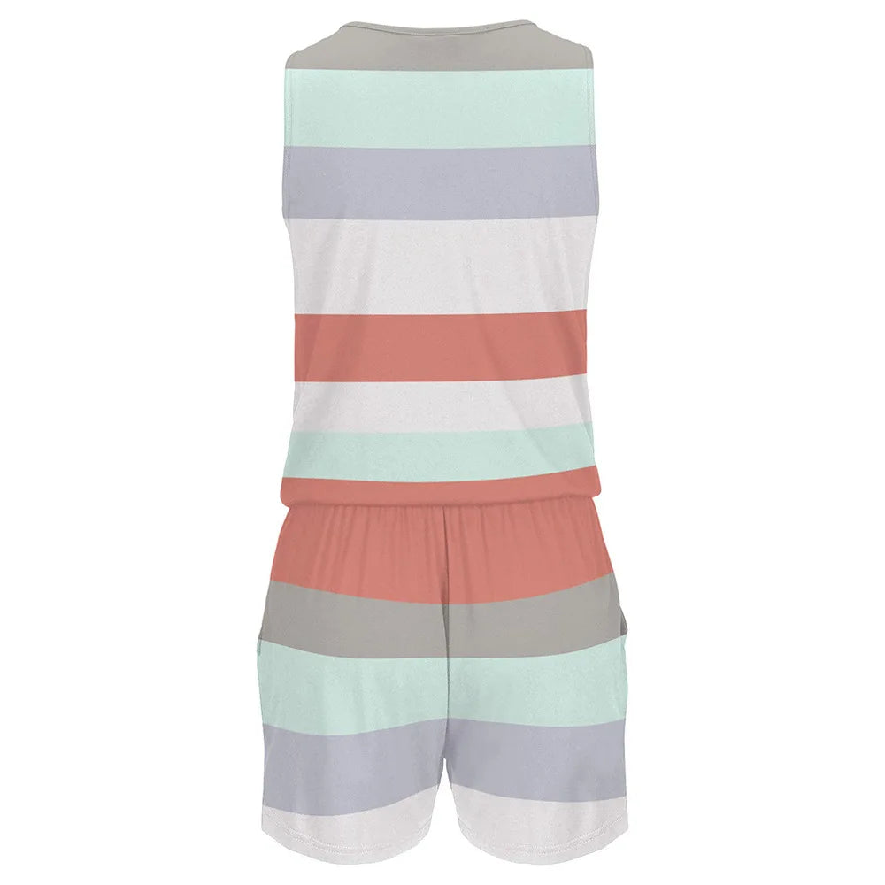 2023 summer new hot sales stripe color block print one piece shorts sleeveless zipper v neck one piece
