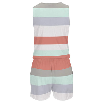 2023 summer new hot sales stripe color block print one piece shorts sleeveless zipper v neck one piece