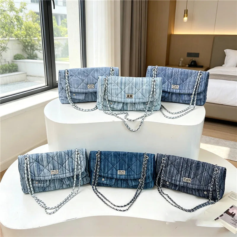 Korean Brand Shoulder Bag 2026 New Denim Side Bags for Women Ladies Crossbody Solid Fashion Chain Designer Daily Commuter City