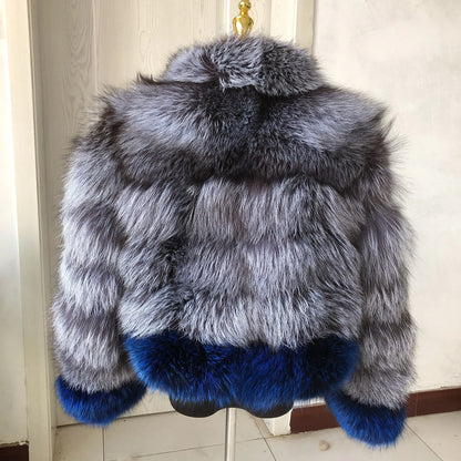 New Fashion Women's Winter Natural Fur Coat Silver Fox Mixed Collar Design High Quality Real Fur Coat real fur coat women luxury