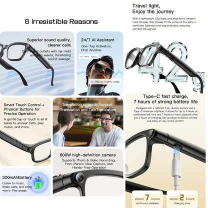 2026 New Smart Glasses 800W HD Camera Video Record AI Assistant Touch Control Translation HD Audio 300mAh Battery Smart Glasses
