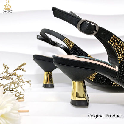 QSGFC Ladies High Quality Women's Pumps Black Gold Shoes and Bag Set DURABLE OUTSOLE Italian Fashion Design For Nigeria Wedding