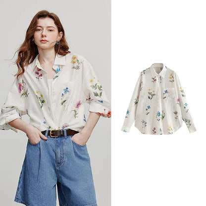 TOYOUTH Women Shirts 2026 Summer New Linen Lyocell Print Fresh Mid Length Floral Blouse Tops