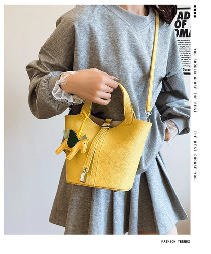 Fashion Vegetable Basket Bucket Bag Women's Autumn New Lychee Pattern Shoulder Bag Simple Solid Color Niche Messenger Bag