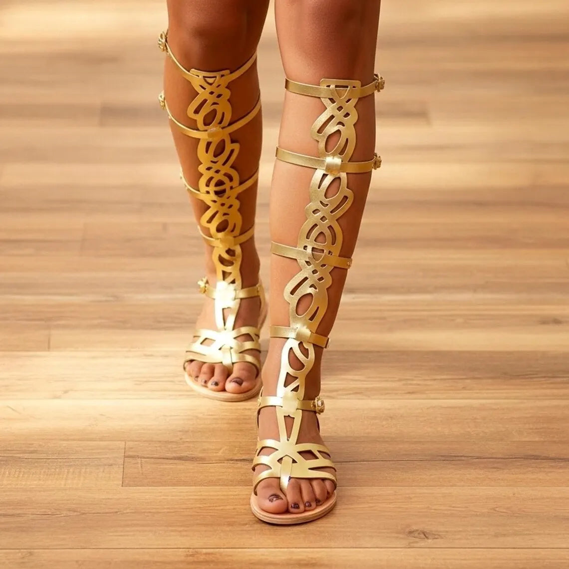 Women Hollow Out Multi Buckle Strap Flat Open Toe Shoes Greek Style Knee High Gladiator Sandals Summer Vacation Festival Sandal