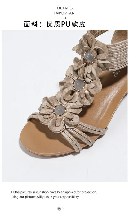 High quality leather flat sandals for women 5cm mid heel flower summer 2026 36 42 open toe casual beach shoe blue pink brown