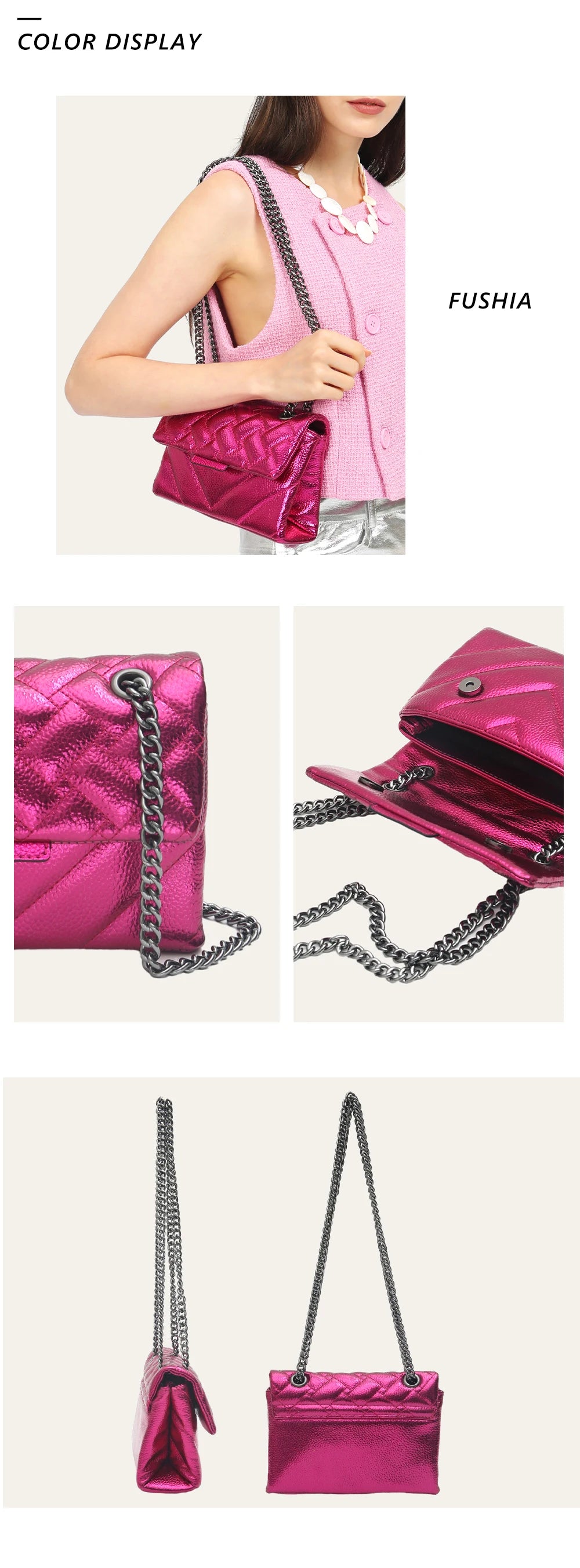 Women Fashion Metallic PU Vegan Leather Handbag Luxury Quilted Flap Messenger Shoulder Bag Long Chain Purse Daily Casual Travel