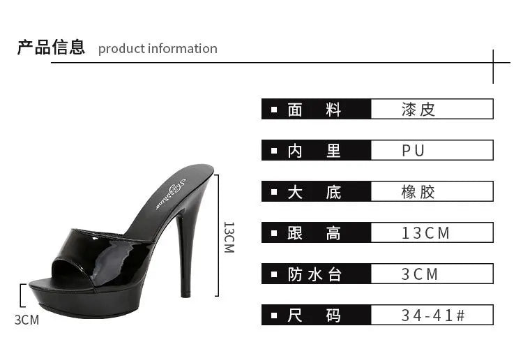 13CM Woman Slippers Mule Patent Leather Sandals Sexy Fashion Slides Party Shoes for Women Luxury Black Summer Platform Sandals