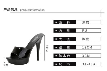 13CM Woman Slippers Mule Patent Leather Sandals Sexy Fashion Slides Party Shoes for Women Luxury Black Summer Platform Sandals