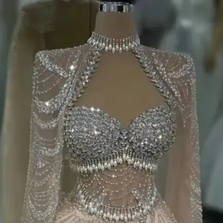 Luxury Dubai Mermaid Formal Evening Dresses with Long Cape Peark Crystal  Party Gowns Saudi Arab Celebrity Dress Robe De Soiree