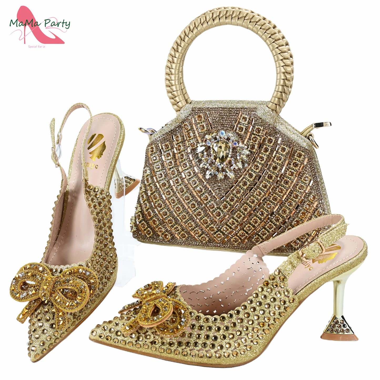 Purple Color New Arrivals Italian Design Nigerian Women Shoes and Bag Set Pointed Toe Slipper with Shinning Crystal for Party