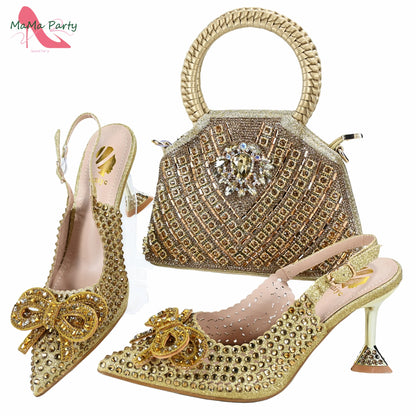 Purple Color New Arrivals Italian Design Nigerian Women Shoes and Bag Set Pointed Toe Slipper with Shinning Crystal for Party