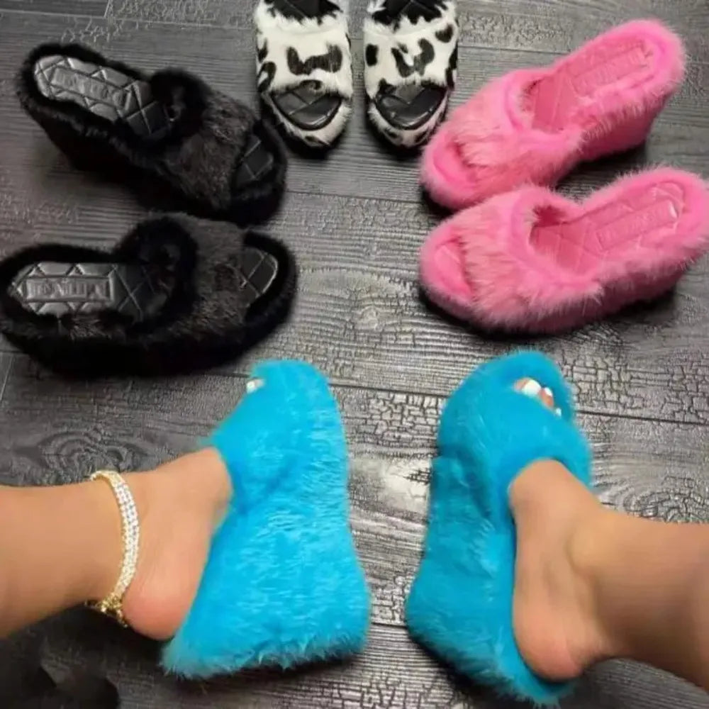 2026 Luxury New Women Feminine High Heeled Slippers Outdoor All-match Shoes Round Head Wedges With Mink Fur Femal Shoes