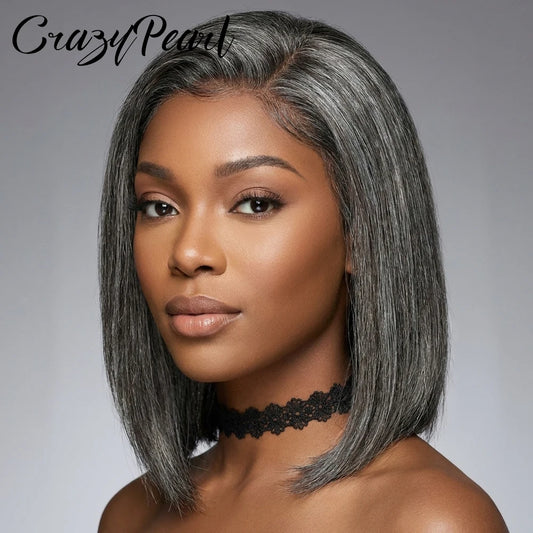 CrazyPearl Bob Wig Human Hair Salt and Pepper Grey Wigs 13X4 Straight Lace Frontal Wigs Human Hair Natural Hairline Gray Wigs