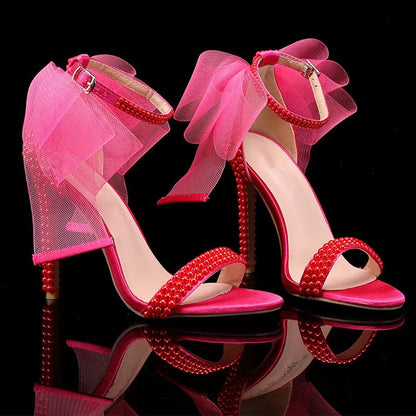 Summer New brand Fashion Bowknot Beading Women Gladiator Sandals Luxury Pearls White thin High heels Wedding Bridal Party Shoes