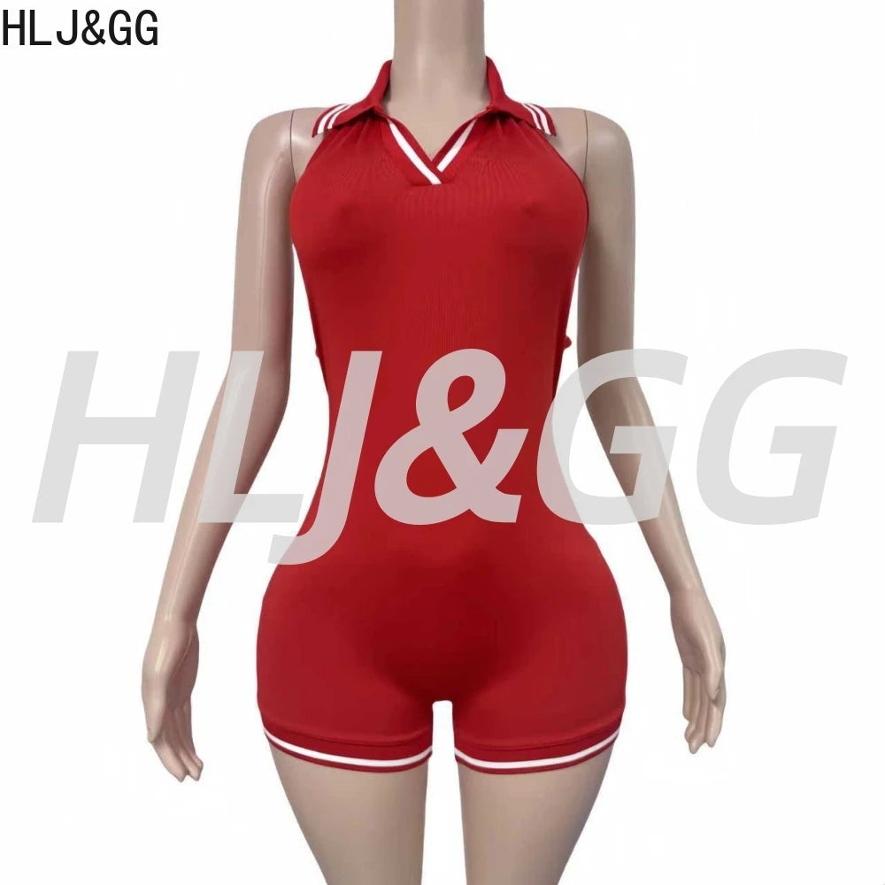 HLJ&GG Summer New Stripe Halter Lapel One Piece Rompers Women Sleeveless Backless Bodycon Jumpsuits Sexy Stretchy Overalls 2025