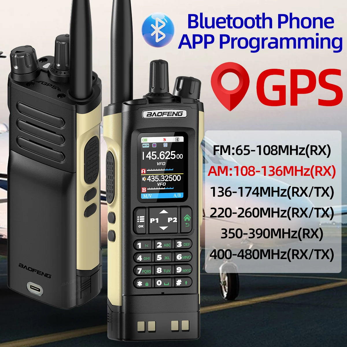 Baofeng UV-32 Walkie Talkie GPS 10W High Tri Power Bluetooth Wireless Programming UHF VHF Scrambler Type C Charge Two Way Radio