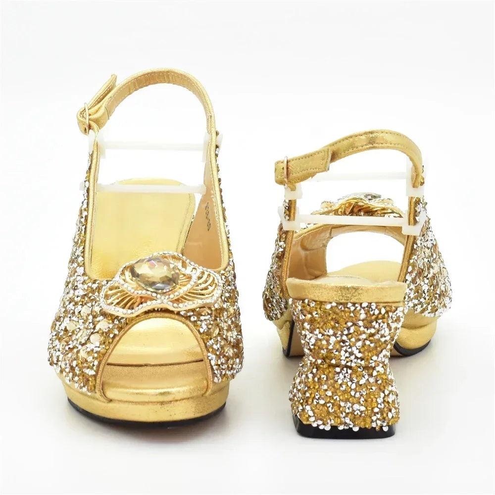 Popularity Peep Toe Heels for Women 2025 Elegant Party Full Diamond Pumps Italian Shoes and Bags Matching Set Bridal Shoes