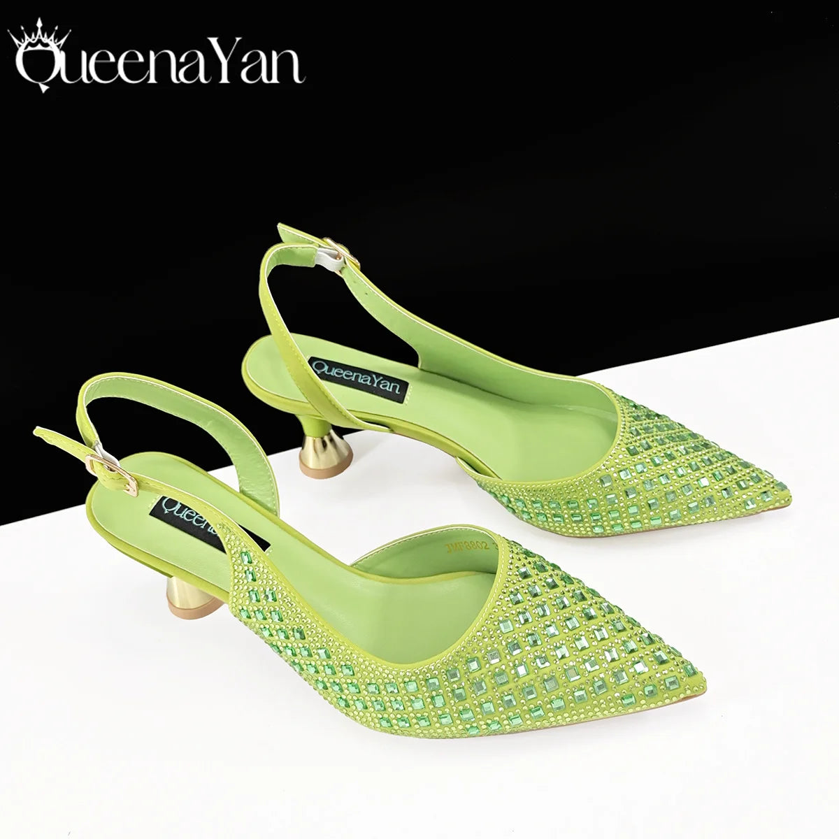 Queena Yan 2026 Italian Design Rhinestone Luxury Navy Blue Pointed Toe Shoe & Bag Set Women High Heels for Parties High Quality