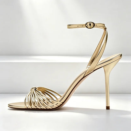 Elegant Ankle Strap Narrow Band Heeled Sandals Women Open-Toe High Heels for Ladies Luxury Metal Buckle Details Designer Shoes