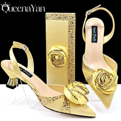 New Party Shoes And Bag Set Nigeria Handmade Flowers Decoration Lady Fashion Shoes and Bag Set for Wedding