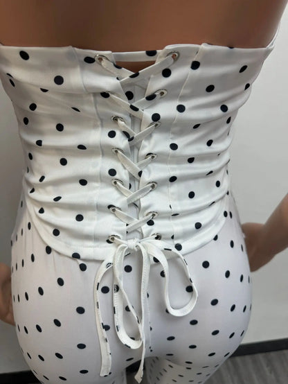 FAGADOER Cute Polka Dot Bodycon Rompers Hot Girl Streetwear Lace Up Bandage Corset Halter Jumpsuits Summer Night Club Playsuits