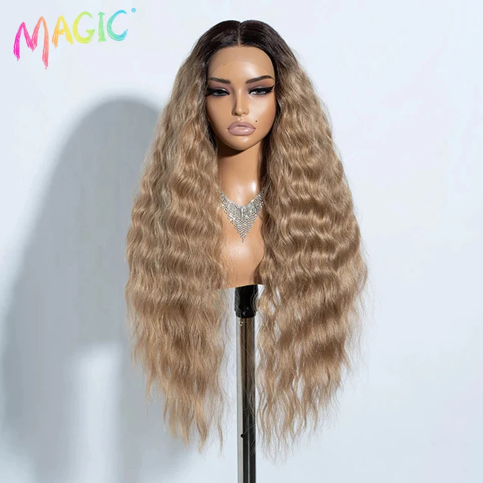 Magic Synthetic Lace Front Wig Long Deep Wavy 30 Inch Ombre Blonde Ginger Lace Wigs For Black Women Heat Resistant Cosplay Wigs
