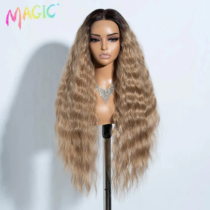 Magic Synthetic Lace Front Wig Long Deep Wavy 30 Inch Ombre Blonde Ginger Lace Wigs For Black Women Heat Resistant Cosplay Wigs