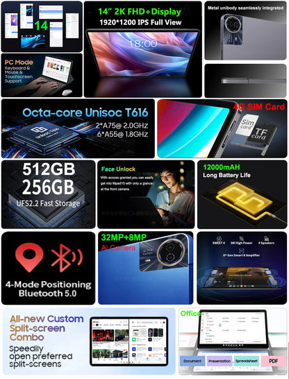 Mpad 15 Ultra Large Screen Android 15 Tablet PC 14 Inch 16+512GB 5G WiFi GPS Phone Call Capability Google Play Compatible Laptop