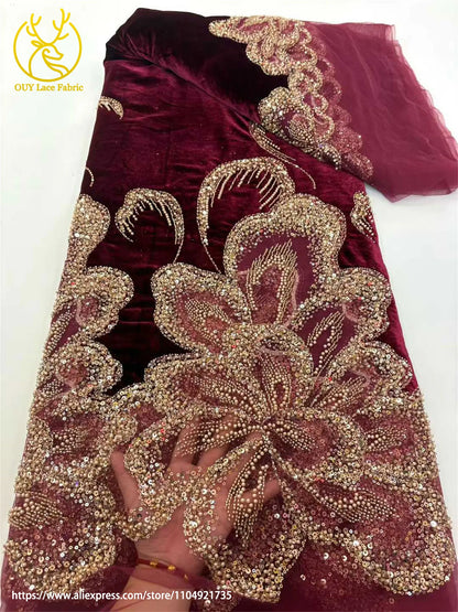 Luxury African Velvet Gold Beaded Sequins Lace Fabric 5 Yards Wine Red Groom Embroidery French Tulle Lace For Women Party Dress