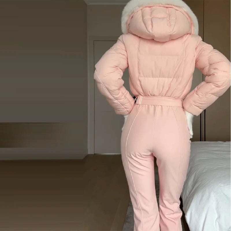 Thicken One-piece Ski Suit Women Faux Fur Hooded Tassels Coat High Waist Belt Jumpsuit 2025 Winter Windproof Waterproof Skiwears