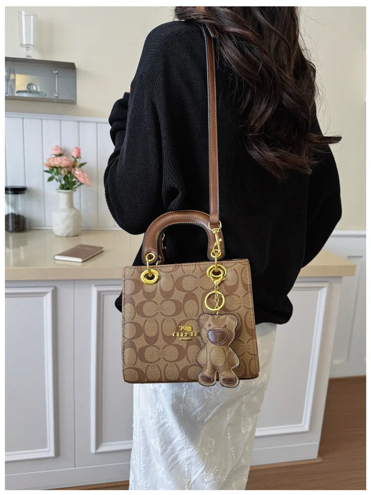 Luxury Women Bag 2026 New Vintage Classic Monogram Handbag Fashion Designer Ladies Tote Crossbody Bag with Bear Charm