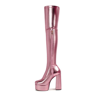 Thin Leg Thick Heels Platform Shoes Women's 2025 Summer Autumn Over the Knee Boots Candy Color Patent Leather Super High Heels