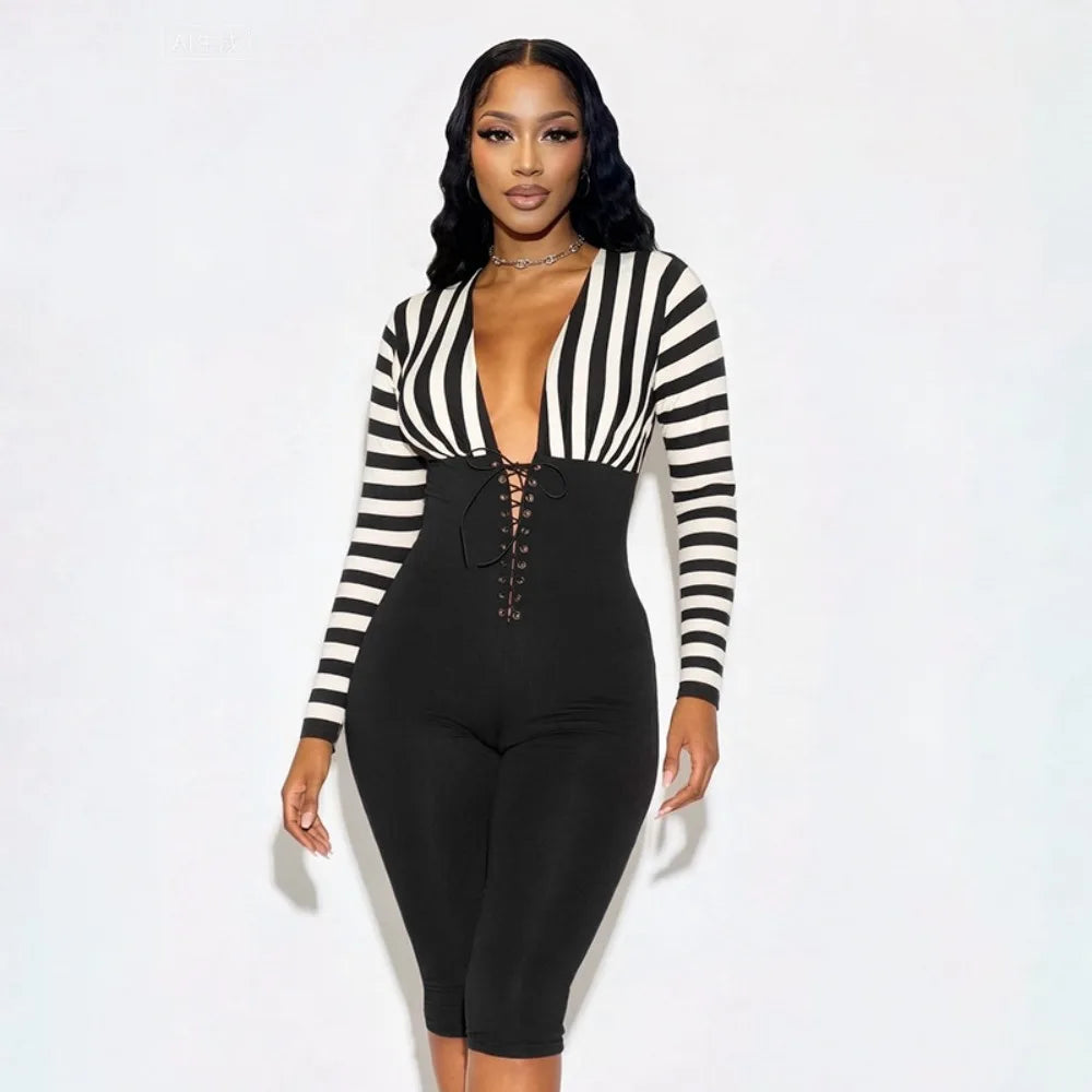 FLARORA Trend Stripe Color Blocking Jumpsuits Woman Deep V Neck Full Sleeve Bandage Skinny Peach Hip Sexy Party Club Overalls