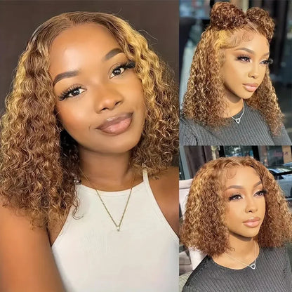 4/27 Highlight Short Bob Deep Water Wave 13x4 Lace Front Wigs 100% Human Hair Honey Blonde Ombre Colored Curly Lace Frontal Wig