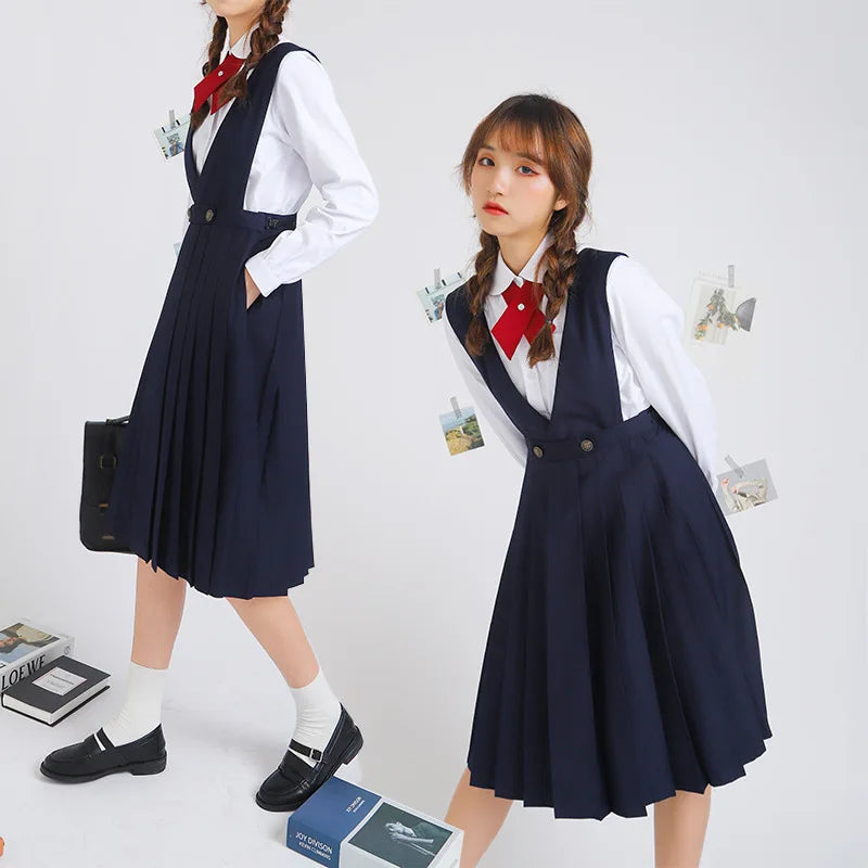 Japanese Korean Class High School Student Girl Long Pinafore Pleated Dress  JK Uniform Cosplay Seifuku Schoolgirl Sundress