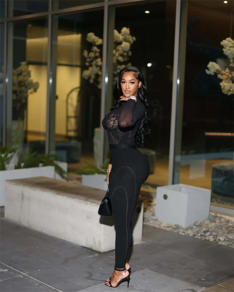 Doyerl Black Bodycon Rompers and Jumpsuits for Woman Long Sleeve See Through Mesh Patchwork Skinny One Piece Catsuit Overalls