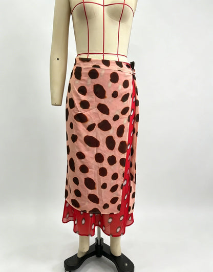 Two Tone Polka Dot Chiffon Wrap Skirt Women Tie Waist Asymmetric Hem Layered Midi Skirt For Summer Beach Vacation Casual Wear