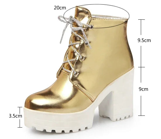 British Silver Gold Ankle Boots Women High Chunky Heels Dress Lady Round Toe Lace-up Spring Autumn Vintage Platform Short Boots
