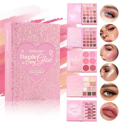All-in-One 5-Page Makeup Magic Book: Full Kit with Multi-Shade Eyeshadow, Blush, Highlighter, Contour & Glossy Lip Gloss