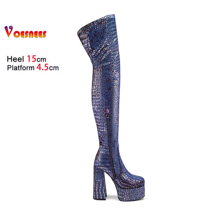 15CM Chunky Heel Platform Woman Over-the-knee Snake Pattern Boots Wild T Show Shoes Sexy Slimming Stretch Thigh Boots For Women